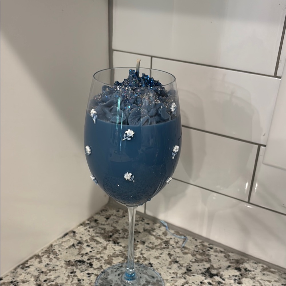 Blue Decorative Wine Glass Candle